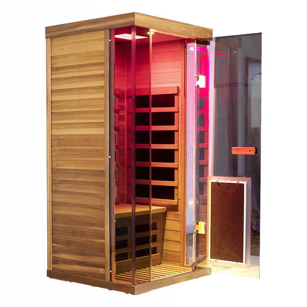 1-Person Full-Glass Infrared Sauna – Red Cedar | Low-EMF Luxury Indoor Spa