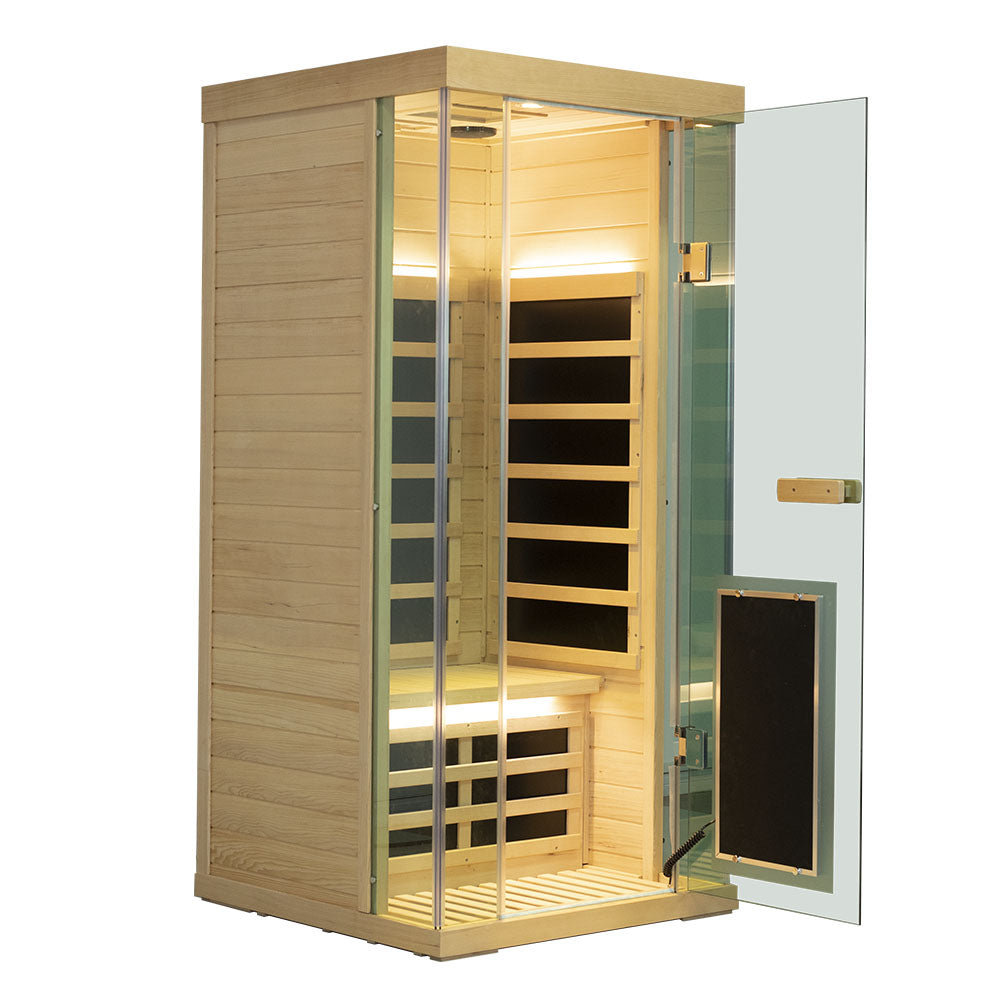 1-Person Full-Glass Infrared Sauna – Hemlock Wood | Low-EMF Indoor Spa