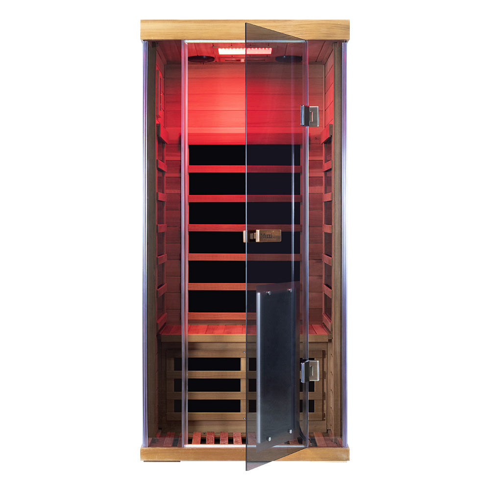 1-Person Full-Glass Infrared Sauna – Red Cedar | Low-EMF Luxury Indoor Spa