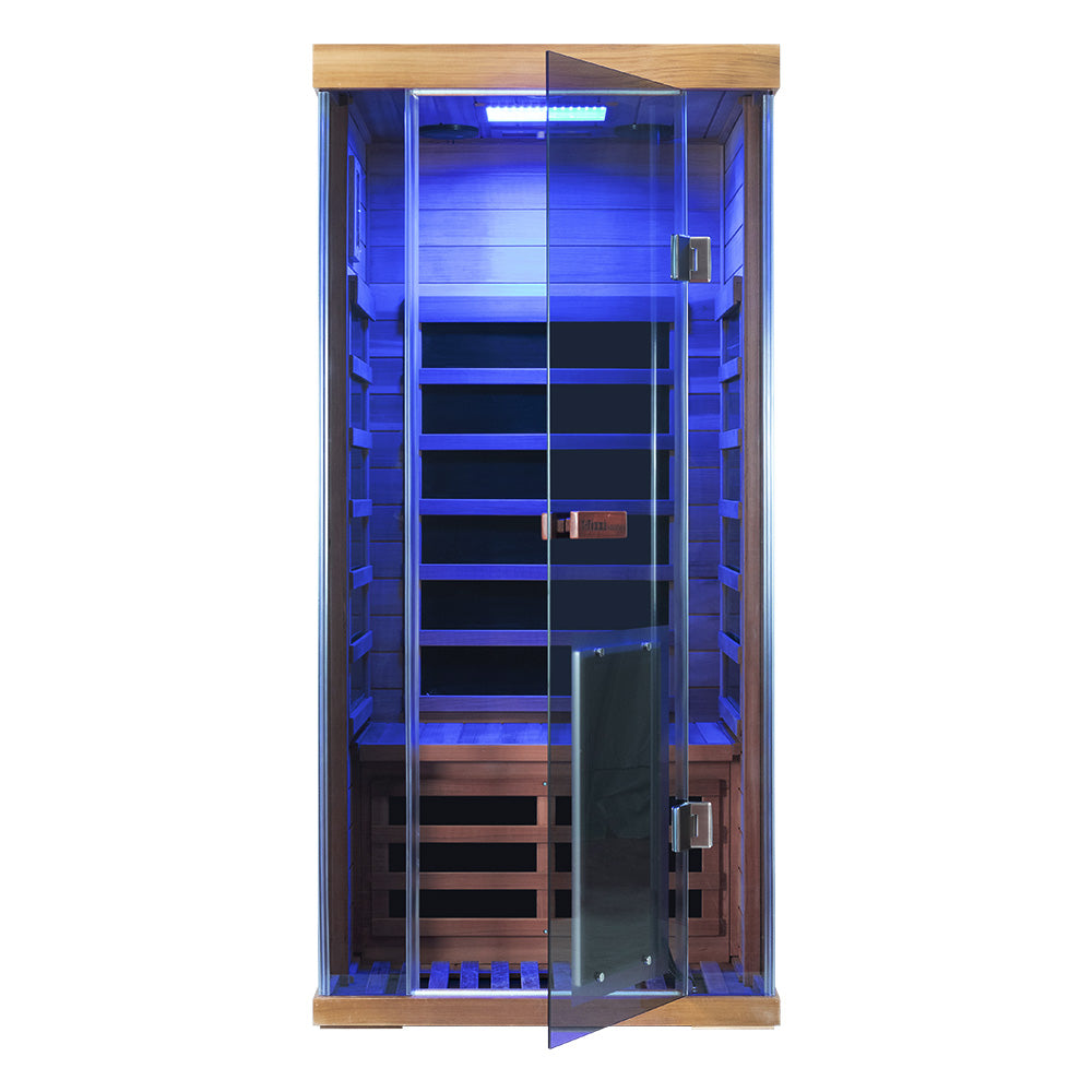 1-Person Full-Glass Infrared Sauna – Hemlock Wood | Low-EMF Indoor Spa