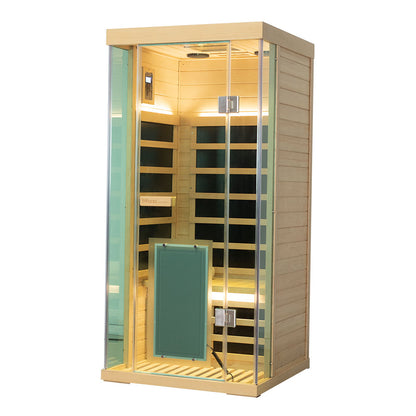 1-Person Full-Glass Infrared Sauna – Hemlock Wood | Low-EMF Indoor Spa