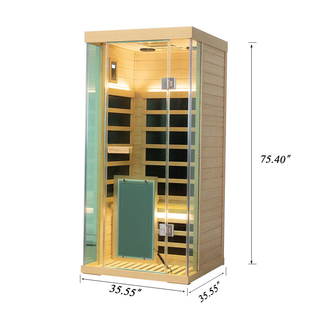 1-Person Full-Glass Infrared Sauna – Hemlock Wood | Low-EMF Indoor Spa