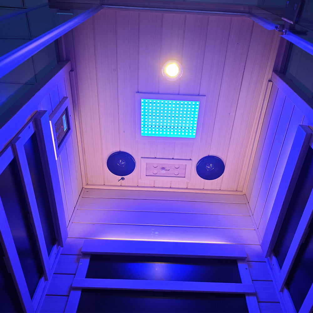 1-Person Full-Glass Infrared Sauna – Hemlock Wood | Low-EMF Indoor Spa