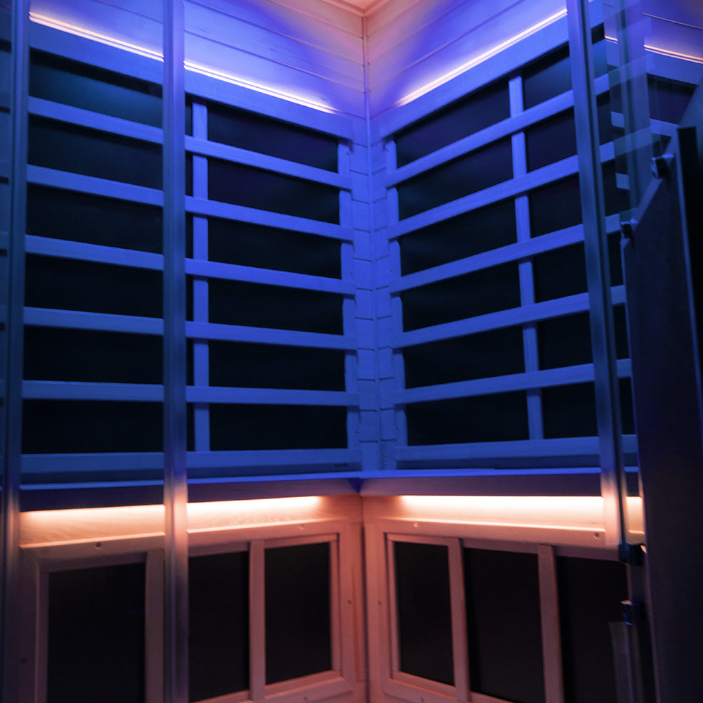 Corner Full-Glass Infrared Sauna – Hemlock Wood | Indoor Spa